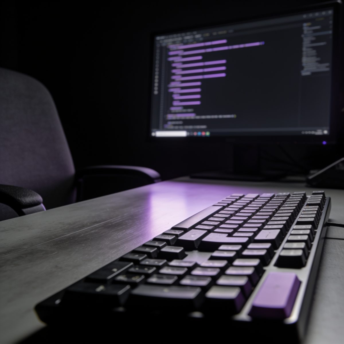 Dark workstation with a keyboard glowing purple and code on the monitor