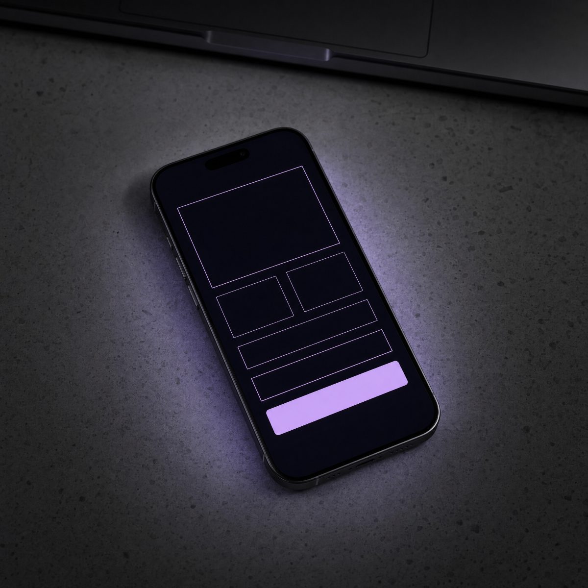 Phone showing a wireframed app layout with a glowing action button